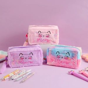 Plush cat pencil case with glitter sequins and fluffy pompom in pink and purple colors