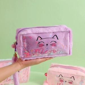 Detail of plush cat makeup bag with purple sequins and a fluffy tail pendant