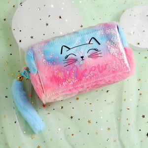 Detail of cute plush cat pencil case with fluffy tail charm and glitter accents