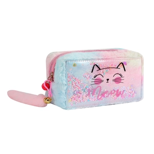 Close-up of plush cat makeup bag with pink sequins, liquid glitter and fluffy tail charm