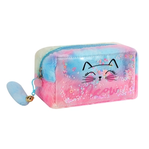 Detail of plush cat pencil case with rainbow tie-dye fur and colorful sequin shaker window