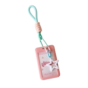 Pink silicone sliding card holder with light blue woven lanyard and star charm accessory