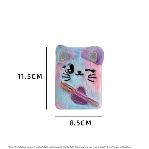 Detailed size view of plush cat mini notebook with pen and heart-shaped holder