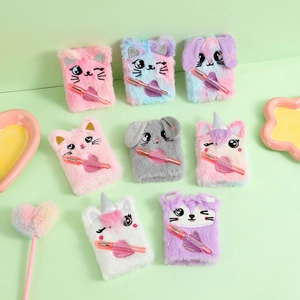 Assortment of cute plush animal notebooks with matching pens in various pastel colors