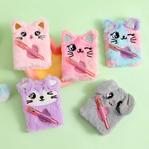 Mini plush cat and rabbit notebooks set with sequins heart pockets and pens
