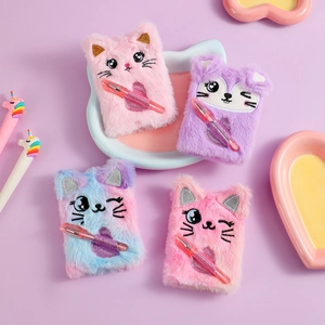 Detailed set of four plush cat notebooks with matching sequin pens in pastel colors