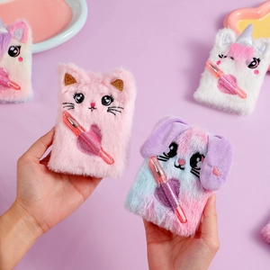 Cute plush animal mini notebook set with ballpoint pen for kids, compact pocket diary