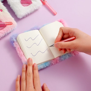 Mini fuzzy cat notebook set with plush gradient cover and pink glitter pen for kids