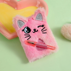 Close-up of pink plush cat mini notebook with sequins, embroidery and matching pen