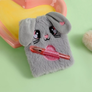 Plush gray rabbit mini notebook with pink glitter strap and matching pen for kids