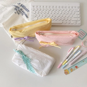 Pastel fabric pencil case with ribbon bows, Korean style stationery storage bag