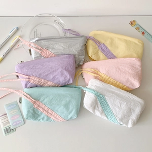 Pastel bow pencil cases in six colors with stylish wrinkled fabric and lanyard handles