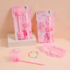 Coffret d'accessoires roses pour filles avec bandeau dentelle, nœud sequin et bracelet