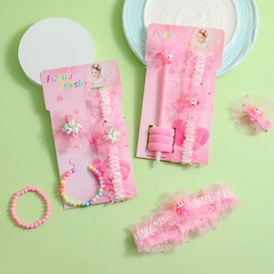 Cadeau Accessoire Rose Pour Bébé Fille Avec Bandeau En Dentelle Barrette En Maille Bracelet Perles Et Stylo Décoratif