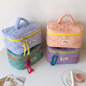 Quilted Gingham Cosmetic Bag Large Capacity Cotton Makeup Organizer Portable Travel Toiletry Wash Pouch For Women Girls