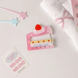 Pink acrylic cake pendant keychain with strawberry pattern and metal carabiner clip