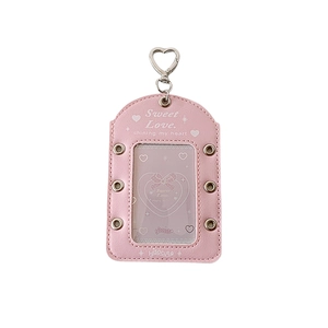 Pink PU leather photo card holder with silver heart clasp and sweet ribbon aesthetic