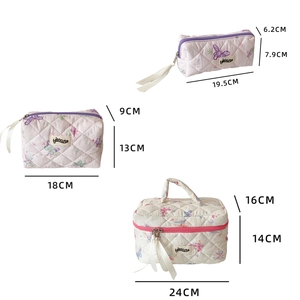 Three-piece quilted butterfly cosmetic bag set showing size dimensions and ribbon zippers
