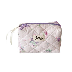 Trousse à maquillage matelassée papillon en coton lavande avec fermeture éclair de voyage