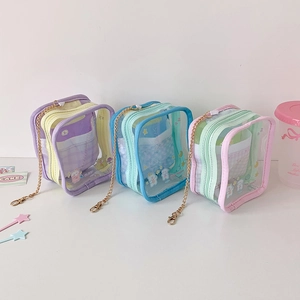 Macro detail of transparent PVC doll display bags with pastel trims and metal chains