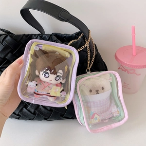 Clear PVC display bag for 10cm dolls with chain, purple and pink green trim options