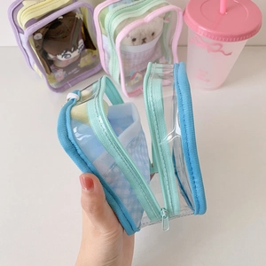 Clear PVC doll storage bag with colorful zippers for plush toy display and protection