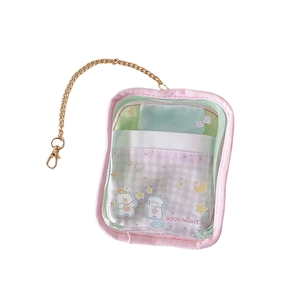 Pink transparent PVC display bag for 10cm dolls with gold chain and bear cards