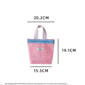 Pink mesh handbag organizer showing measurements: top 20.2cm, height 19.1cm, bottom 15.5cm