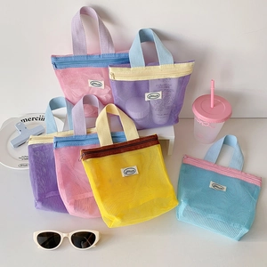 Colorful mesh tote bags set with zippers and handles for summer cosmetics and toiletries