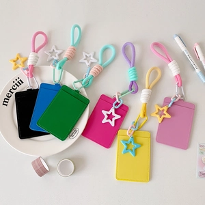 Colorful PU leather ID card holders with star charms and matching woven lanyards