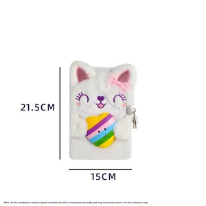 Detail of A5 cat plush diary with rainbow heart, silver metal lock and keys