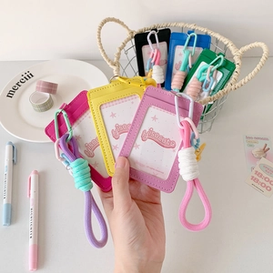 Colorful PU leather ID card holders with clear window and braided cord lanyard strap