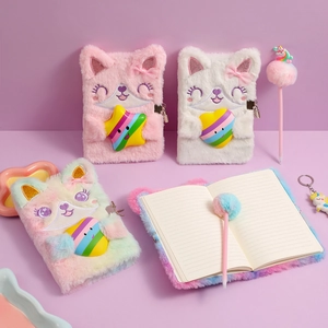 A5 plush cartoon notebook set with lock and unicorn pen for girls journaling gift