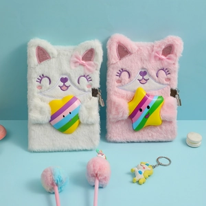 Close-up of plush A5 cat notebook with lock, showing soft fur and embroidery details