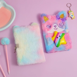 Detailed view of plush A5 notebooks with fluffy textures, metal locks, and cat motifs