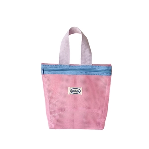Summer mesh tote bag in colorful pink and blue design with zipper and handle