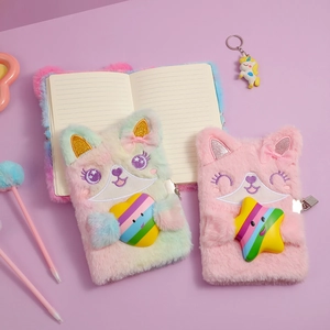 Close-up of A5 plush notebooks featuring soft fur, cute embroidery, and secure metal locks