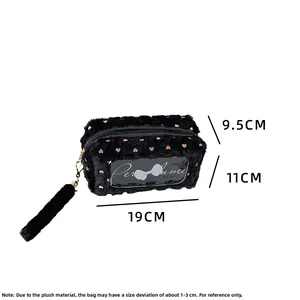 Detailed size specifications of the plush heart cosmetic bag with 19cm length and PVC window