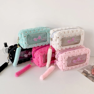Large capacity plush pencil case with transparent window and heart pattern in five colors