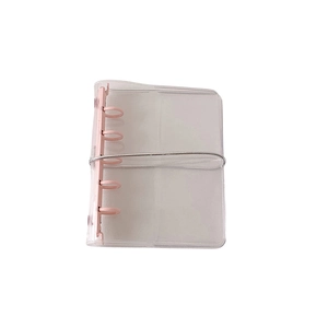 Mini transparent PVC binder with pink metal rings and elastic closure for nail art storage