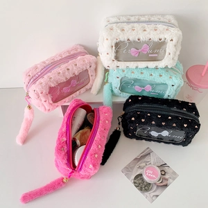 Large plush bow pencil cases in multiple colors with clear PVC window and heart pattern