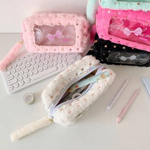 Plush stationery bags with gold heart patterns and PVC windows in four candy colors