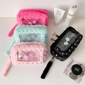 Large plush bow pencil case with transparent window and fuzzy tail zipper charm in four colors