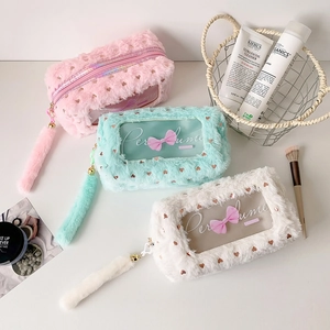 Cute plush pencil case with gold heart pattern, clear window and pompom keychain