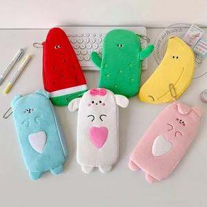 Cute fruit and animal plush pencil bags with zipper closure and metal chains