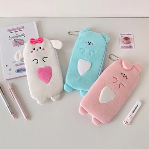 Cute plush cartoon animal pencil cases in pastel colors with metal chains for students