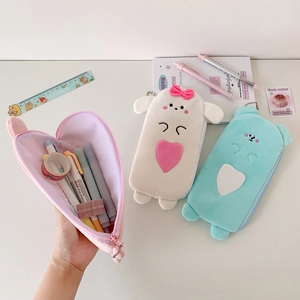 Cute plush cartoon dog and bear pencil cases with soft embroidery and zip closure