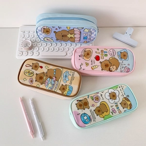Cute bear cartoon canvas pencil bags in blue, pink, cream, and mint green colors