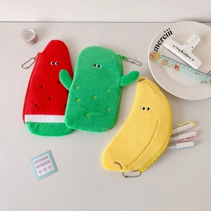 Cute plush pencil cases in watermelon, cactus, and banana shapes with colorful zippers
