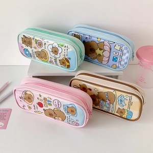 Set of four pastel stationery pouches featuring cute cartoon animals and clear PVC windows
